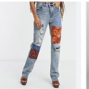 Free People Patchwork Straight Leg Midrise Jeans - Blue and Orange